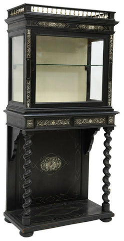 Antique Vitrine, Cabinet, Display, Italian Milanese Bone-Inlaid Ebonized, 1800's - Old Europe Antique Home Furnishings