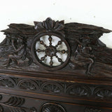 Bed, French Carved Breton Style Chestnut Bed, Dark Wood Tones, W/ Rails, Vintage - Old Europe Antique Home Furnishings