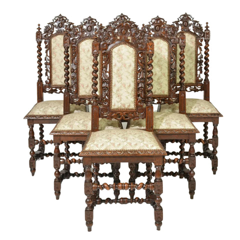 Chairs, Dining, Side, Barley Twist, 6 Heavily Carved Oak Chairs, Gorgeous! - Old Europe Antique Home Furnishings