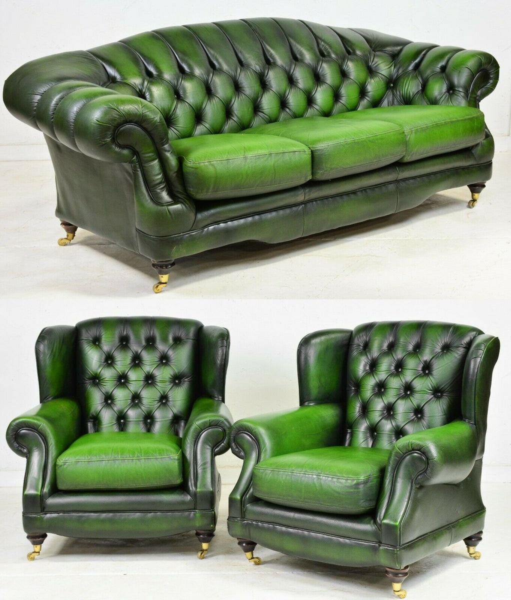 Chesterfield Sofa and Chairs Set, British Leather Green Curved Back