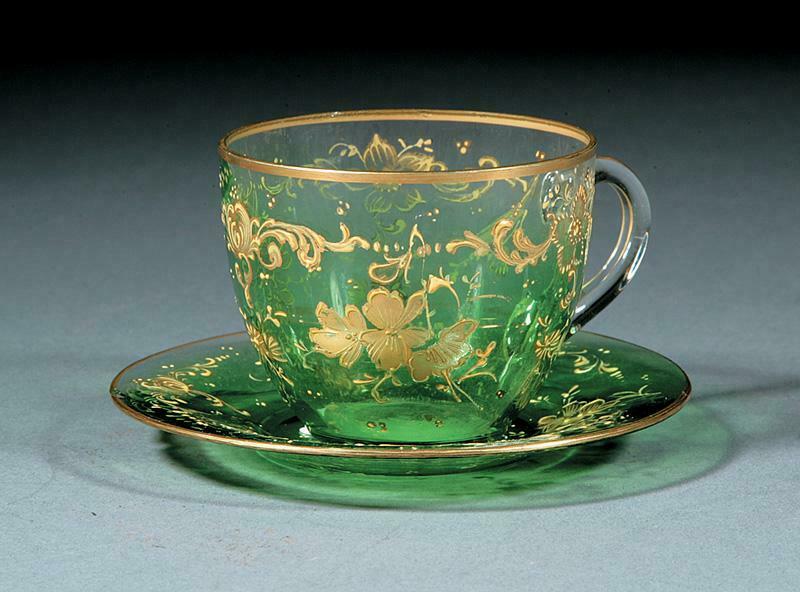 Vintage Emerald Green Blown Glass Espresso Cup Saucer Set of