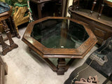 Table, Coffee, French Provincial Carved Oak, w/ Glass, Octagonal, Handsome Vintage !! - Old Europe Antique Home Furnishings
