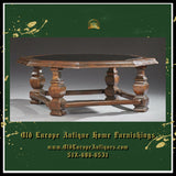 Table, Coffee, French Provincial Carved Oak, w/ Glass, Octagonal, Handsome Vintage !! - Old Europe Antique Home Furnishings