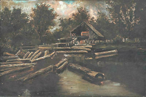 Antique Painting, Oil on Canvas, "Logging Camp", American,1800s, Handsome!! - Old Europe Antique Home Furnishings