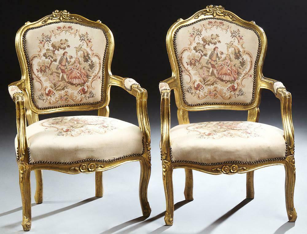 Parlor Set, Settee, Chairs, Two Louis XV Style Three-Piece Gilt Parlor  Suite!