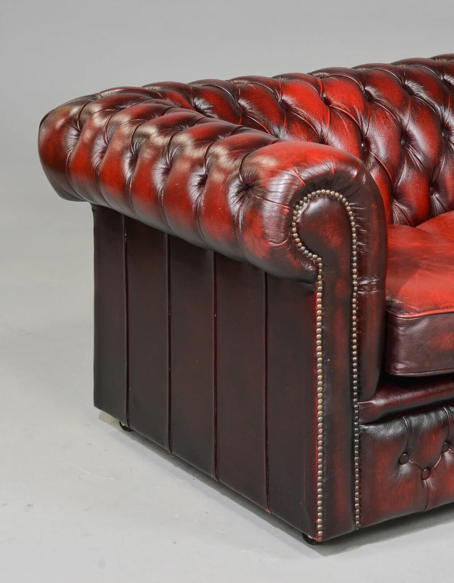 Sofa, Chesterfield, British Oxblood Red Leather, English, Button Tufted
