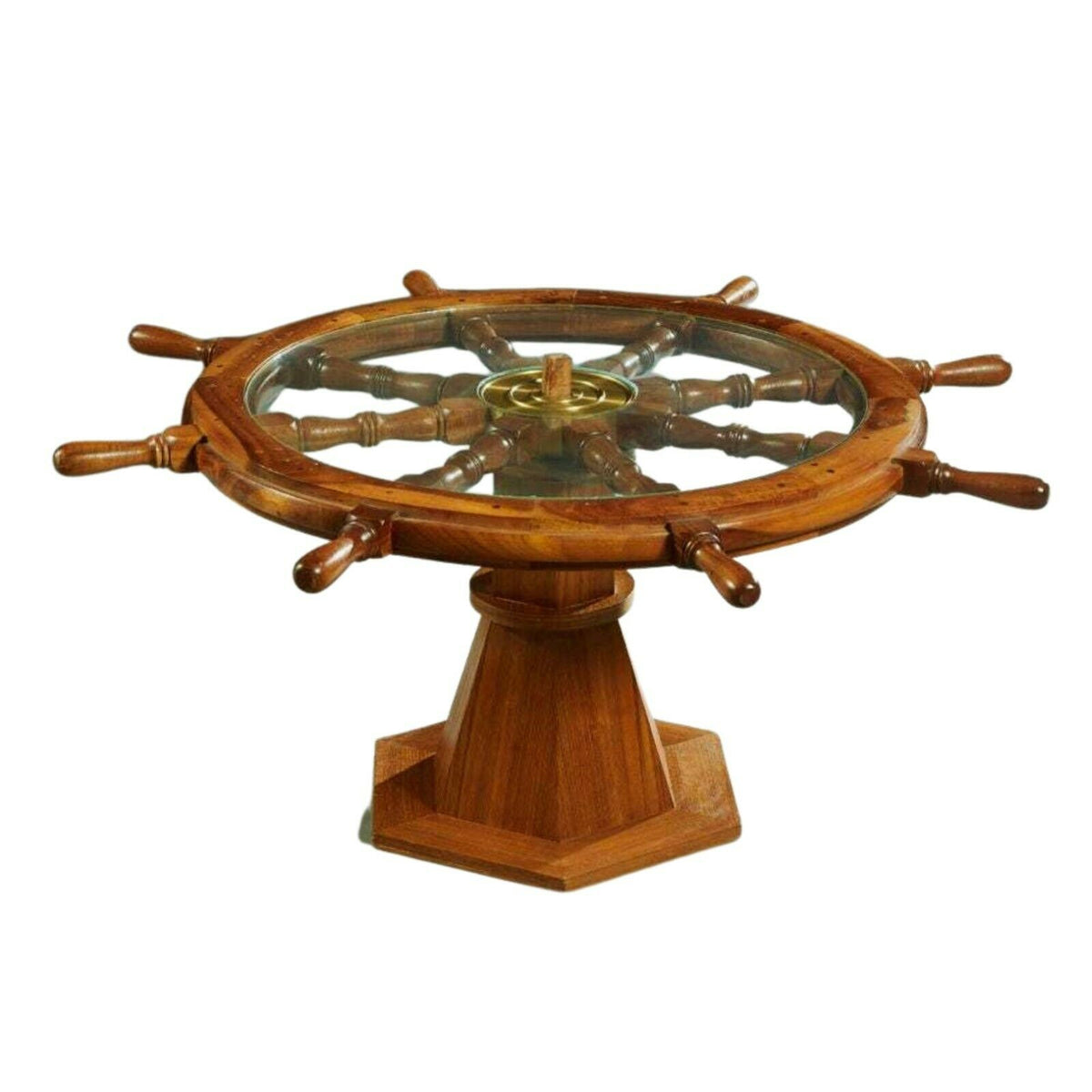 Table, Ship's Wheel, Coffee, Glass Top, Uniquely Carved Mahogany, 1900's! Old Europe Antique