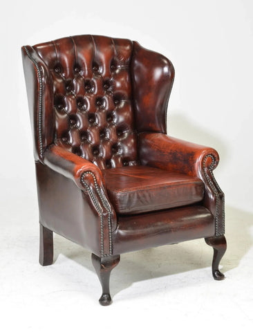 Wingback Arm Chair, British Red Leather Chesterfield , Button Tufted, Nailhead Trim! - Old Europe Antique Home Furnishings