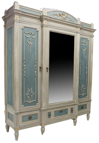Antique Armoire, Louis XVI Style, Painted, Breakfront Mirror, Parcel Gilt, 1800s - Old Europe Antique Home Furnishings
