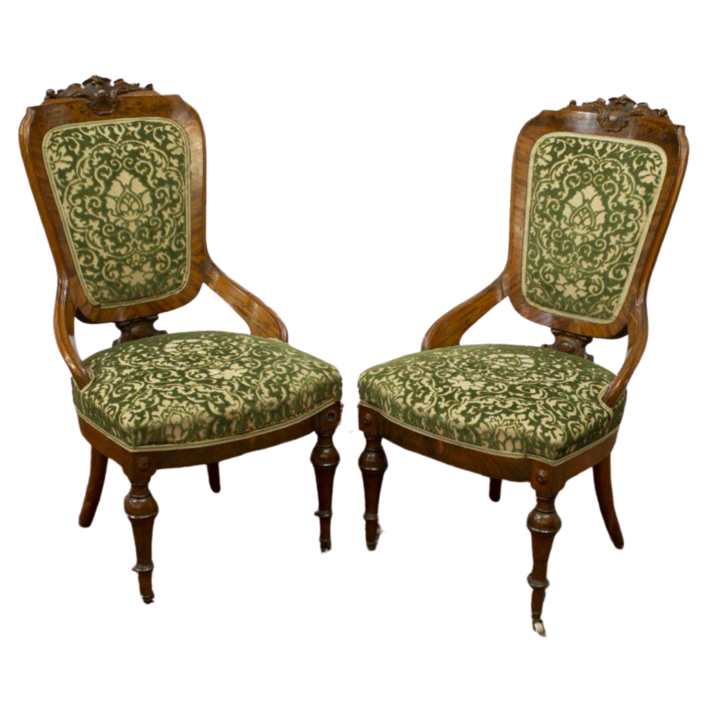 Antique Chairs, Side Victorian Carved & Upholstered, Set of Two, Green, 1800s!