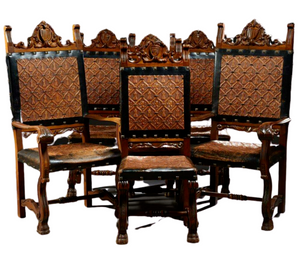 Antique Chairs, Dining Set of Six Renaissance Style Carved Walnut Dining, Vintage