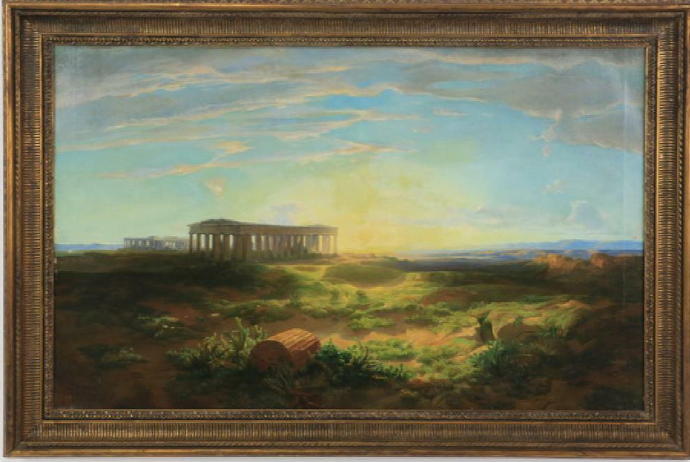 Painting, Antique,19th Century Oil on Canvas 'View of Paestum at Sunset', 55"w ( 1800s )