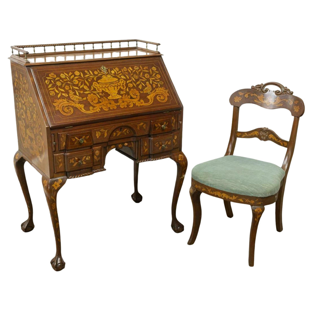 Bureau Desk & Chair, Dutch Sypher & Co. Marquetry Mahogany, 19th C., 1800s, Handsome Set, Antique!!