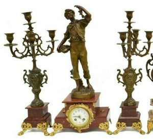 Clock, Antique French Figural & Garniture Set, Gorgeous Set for a fireplace mantle!