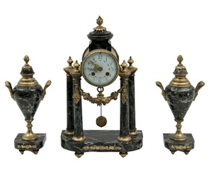 Clock Set, French Bronze and Marble, 3 PC., 19th C., ( 1800s ) Gorgeous Antique