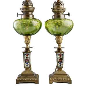 Oil Lamps, 19th C., French ChamplevÃ© and Art Gla, Pair, Lovely Antiques!!