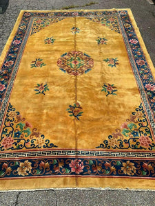 Carpet, Room-size, Chinese Deco, Yellow, Floral Border 14ft 3in x 9ft 11in!!!