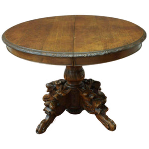 Table, Round, French Carved Oak Extension Pedestal Table, 19th C. 1800s, Gorgeous!