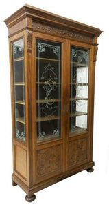 Antique Bookcase, Italian Carved Etched Glass, Walnut, 19th Century (1800s), Gorgeous for display!!