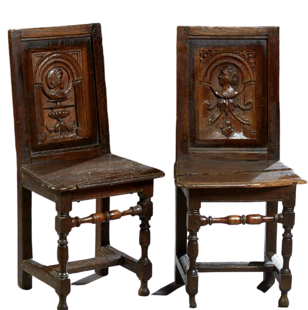 Antique Breton Side Chairs, Pair of Louis XIII Style Carved Oak, 1820 C, Charming