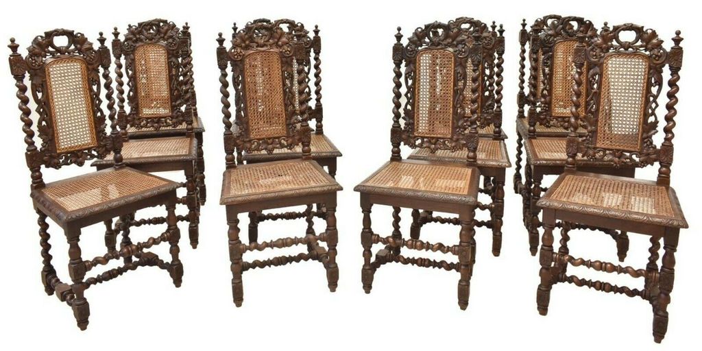 Handsome Set of 12 Antique Dining Chairs, French Henri II Style Carved Oak, 1800's, 19th Century!!