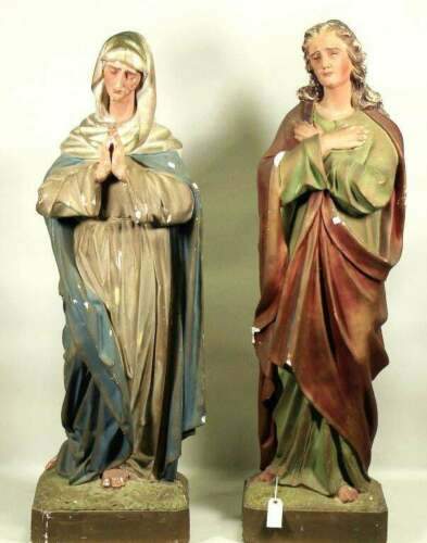 Antique Statues, Mary and Joseph, Near Life Size, Painted Plaster, 1800's, 19th Century!