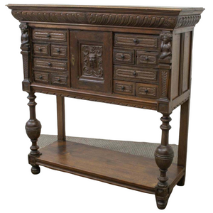 Antique Server / Cabinet, Buffet French Medieval Style Carved Oak, Handsome!