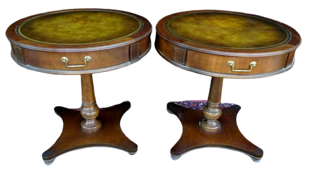 Antique Tables, Lamp, Mahogany Set of 2, Leather Top Circular, Handsome 27 Ins.!