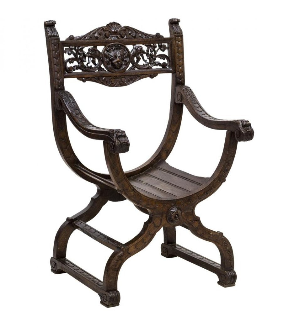 Antique Chair, Curule, Savonarola, Italian Renaissance Revival Carved, 19th C ., 1800s, Charming!!