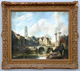 Antique Painting, Oil on Canvas, Canal Scene, Attrib. A.J. Madlener, 1800s!