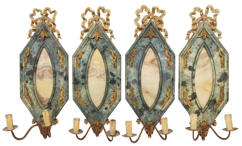 Antique Sconces, 4 Italian Painted, Marbelized, Two-Light, Crest, Scroll, 1900s!