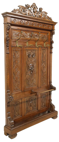 Antique Hall Tree, Italian Renaissance Revival, Carved Walnut, Dragons, C. 1900 - Old Europe Antique Home Furnishings