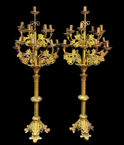 Candelabras, Candle Holder, Floor, French Brass Figural Grape Vine, 19th C, Pair