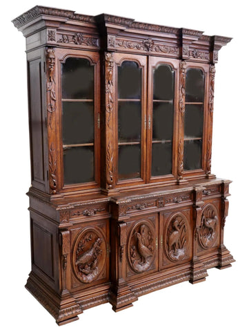 FRENCH HIGHLY-CARVED OAK BREAKFRONT BOOKCASE - Old Europe Antique Home Furnishings