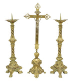 Altar Crucifix & Candle Prickets, Gilt Metal, Set of 3, Vintage / Antique! - Old Europe Antique Home Furnishings