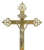 Altar Crucifix & Candle Prickets, Gilt Metal, Set of 3, Vintage / Antique! - Old Europe Antique Home Furnishings