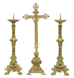 Altar Crucifix & Candle Prickets, Gilt Metal, Set of 3, Vintage / Antique! - Old Europe Antique Home Furnishings