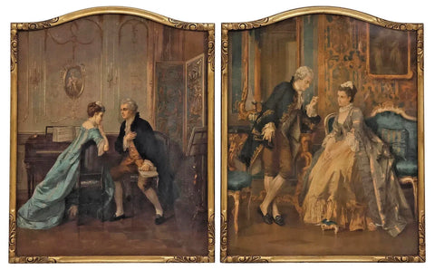 Ant. Lithograph Prints, Otto Erdmann, Rococo, “Courtship”, Color, Framed, 1800s!