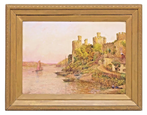 Antiq. Watercolor Painting, Large, Frank Beswick Signed, 1902, Conwy Castle Wal