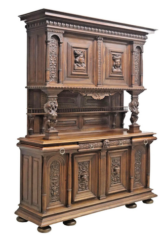 Antique Sideboard, Signed, Chaput, French Ren Revival, Well-Carved Walnut, 1800s!! - Old Europe Antique Home Furnishings