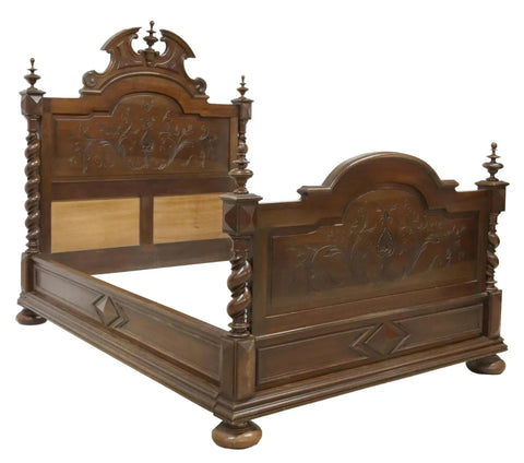 Antique Bed, French Louis XIII Style, Carved, Walnut, Crest, Finials, 1800s!! - Old Europe Antique Home Furnishings