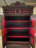 Antique Bookcase, Breton, French, Carved, Shelves, Red Interior, 19th C, 1800s - Old Europe Antique Home Furnishings