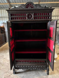 Antique Bookcase, Breton, French, Carved, Shelves, Red Interior, 19th C, 1800s - Old Europe Antique Home Furnishings