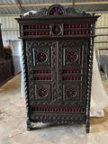 Antique Bookcase, Breton, French, Carved, Shelves, Red Interior, 19th C, 1800s - Old Europe Antique Home Furnishings