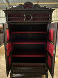 Antique Bookcase, Breton, French, Carved, Shelves, Red Interior, 19th C, 1800s - Old Europe Antique Home Furnishings