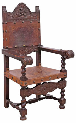 Antique Armchair, Spanish Renaissance Revival, Leather, Walnut , 19th C, 1800s