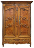 Antique Armoire, French Provincial, Louis XV Style Burlwood, Elm, 1800's! - Old Europe Antique Home Furnishings