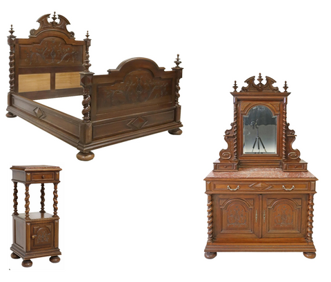 Antique Bedroom Set, Louis XIII Style, Set of 3, Bed, Stand, Dresser, 1800s! - Old Europe Antique Home Furnishings