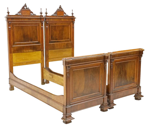 Antique Beds, Pair, (2) Italian, Carved, Walnut & Mahogany, 19th C., 1800s!! - Old Europe Antique Home Furnishings
