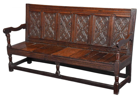 Antique Bench, Early English Carved Oak Settle, Rosette, Leaf, 1700s / 1600s!! - Old Europe Antique Home Furnishings